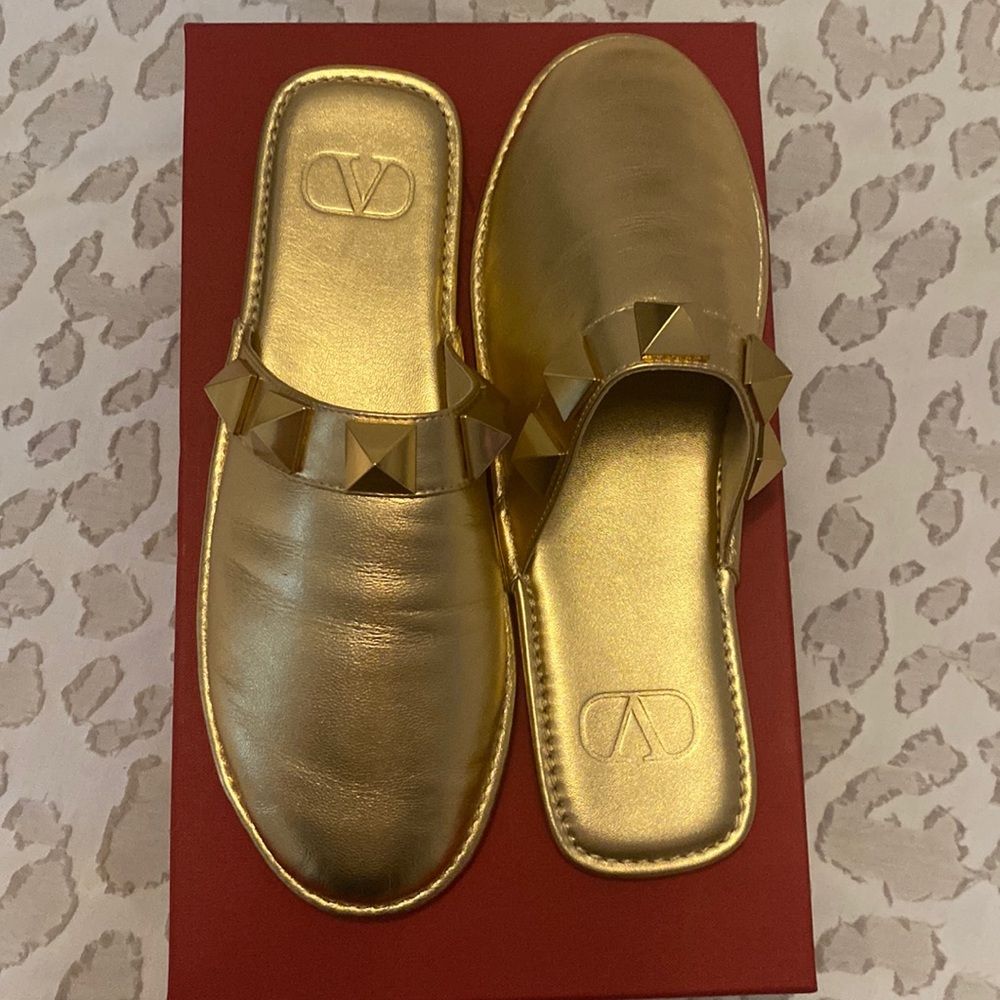 Valentino Roman Stud Metallic Leather Slippers